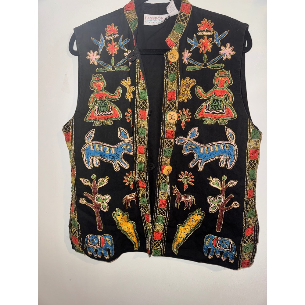 Vintage 90s Embroidered Folk Art Animal Cotton Vest Large Boho Hippie Artsy